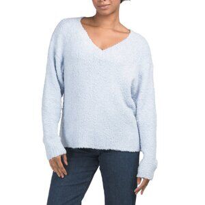 IN FEBRUARY Soft Blue Cozy Relaxed Fit V-neck Teddy Bear Sweater